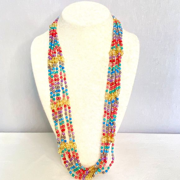 Vibrant Rainbow Opera Necklace Multilayered Multicolor Seed Beads - Picture 1 of 9